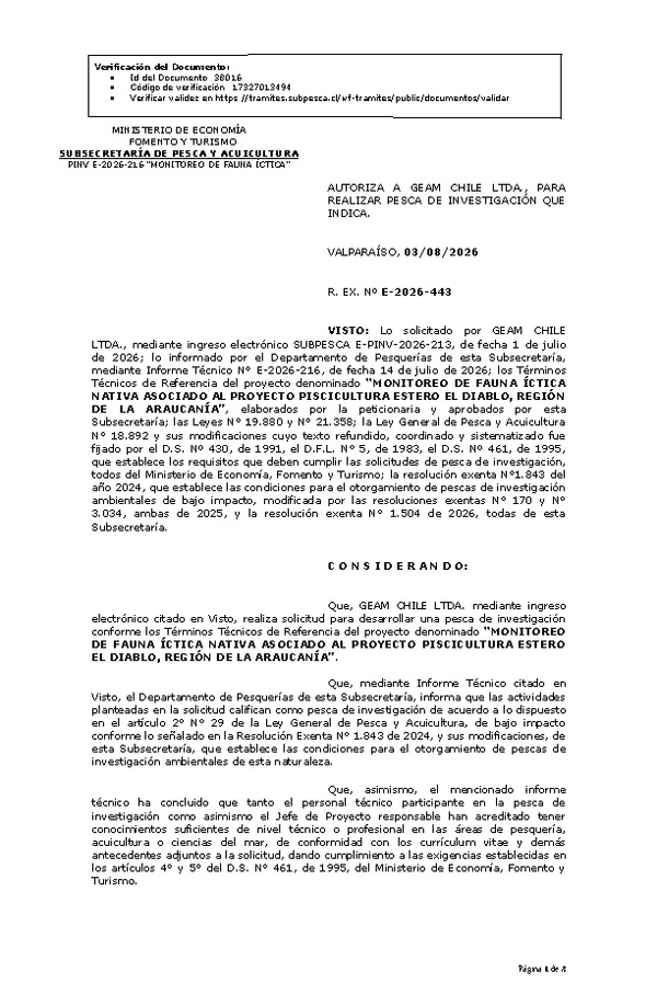 R. EX. Nº E-2026-443 AUTORIZA A GEAM CHILE LTDA., PARA REALIZAR PESCA DE INVESTIGACIÓN QUE INDICA. (Publicado en Página Web 04-08-2026)