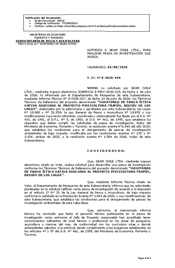 R. EX. Nº E-2026-444 AUTORIZA A GEAM CHILE LTDA., PARA REALIZAR PESCA DE INVESTIGACIÓN QUE INDICA. (Publicado en Página Web 04-08-2026)