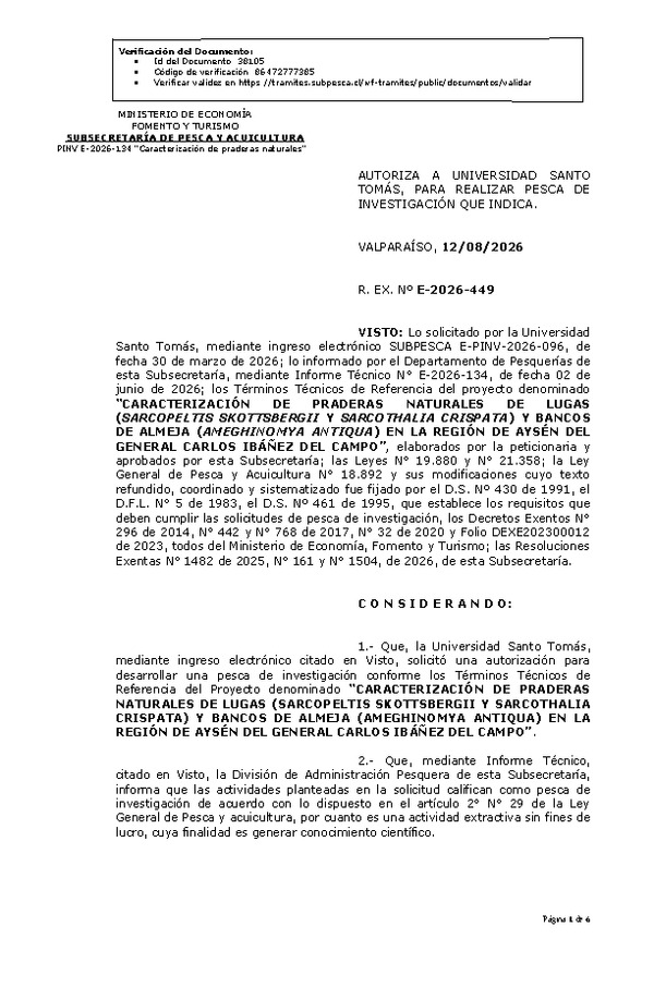 R. EX. Nº E-2026-449 AUTORIZA A UNIVERSIDAD SANTO TOMÁS, PARA REALIZAR PESCA DE INVESTIGACIÓN QUE INDICA. (Publicado en Página Web 13-08-2026)