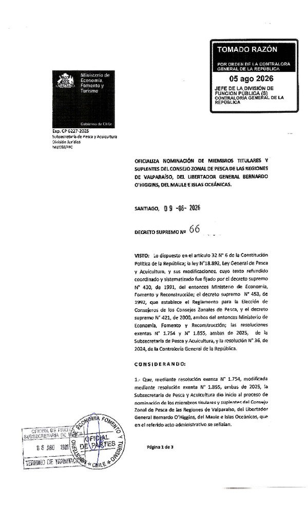 D.S. 66-2026 Oficializa Nominación de los Miembros Titulares y Suplentes del Consejo Zonal de Pesca de las Regiones de Valparaíso, del Libertador General Bernardo O'Higgins, del Maule e Islas Oceánicas. (Publicado en Página Web 13-08-2026) (F.D.O. 13-08-2026)