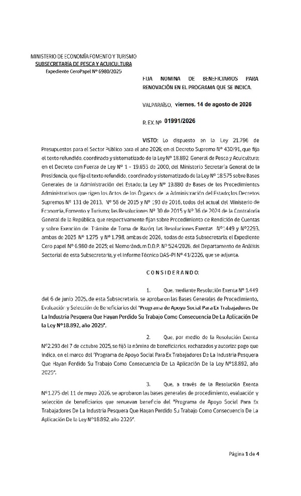 Res. Ex. N° 1991-2026 Fija Nómina de Beneficiarios Para Renovación en el Programas que se Indica. (Publicado en Página Web 14-08-2026)
