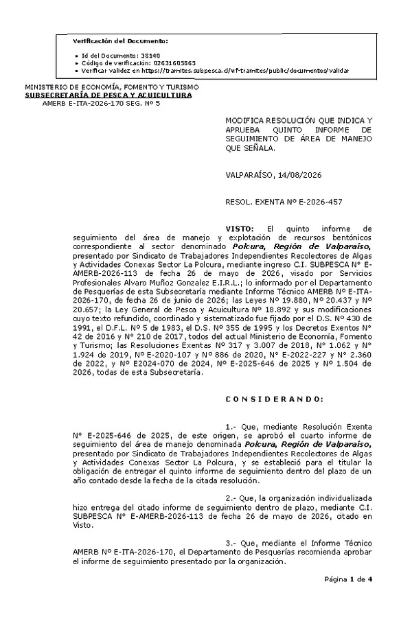 RESOL. EXENTA Nº E-2026-457 Modifica resolución que indica, aprueba quinto informe de seguimiento. (Publicado en Página Web 17-08-2026)