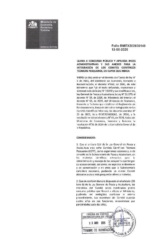 Res. Min. Ex. Folio RMEX202600149 Llama a Concurso y Aprueba Bases Administrativas y sus Anexos Para la Integración de los Comités Científicos Técnicos Pesqueros, en Cupos que Indica. (Publicado en Página Web 17-08-2026)
