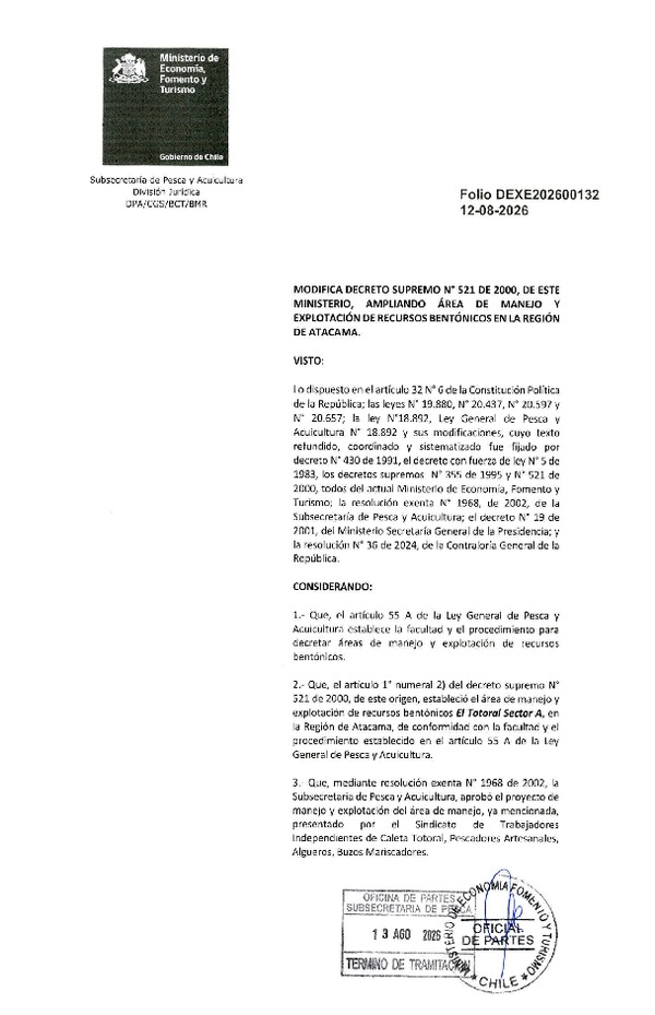 Dec. Ex. Folio 202500132 Modifica D.S. N° 521-2000 Ampliando Área de Manejo y Explotación de Recursos Bentónicos en la Región de Atacama. (Publicado en Página Web 17-08-2026)