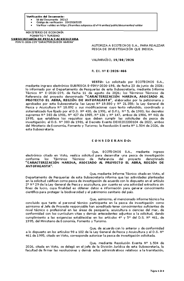 R. EX. Nº E-2026-466 AUTORIZA A ECOTECNOS S.A., PARA REALIZAR PESCA DE INVESTIGACIÓN QUE INDICA. (Publicado en Página Web 20-08-2026)