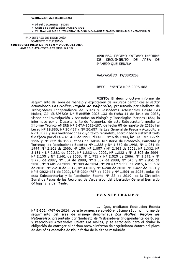 RESOL. EXENTA Nº E-2026-463 Aprueba décimo octavo informe de seguimiento. (Publicado en Página Web 20-08-2026)