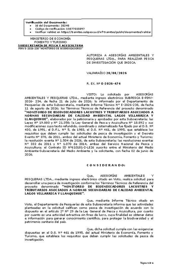 R. EX. Nº E-2026-474 AUTORIZA A ASESORÍAS AMBIENTALES Y PESQUERAS LTDA., PARA REALIZAR PESCA DE INVESTIGACIÓN QUE INDICA. (Publicado en Página Web 20-08-2026)