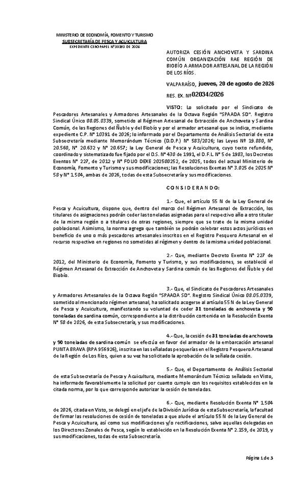 Res. Ex. N° 2034-2026 Autoriza cesión Anchoveta y Sardina común, Regiones del Biobío a Los Ríos. (Publicado en Página Web 20-08-2026)
