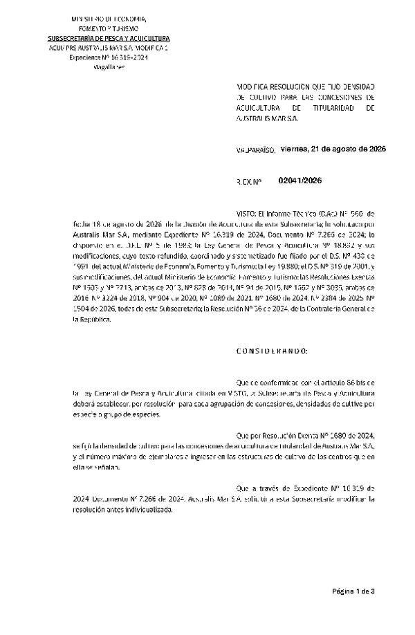Res. Ex. N° 2041-2026 Modifica Res. Ex. N° 1680-2024 Fija densidad de cultivo para las concesiones de acuicultura de titularidad de Australis Mar S.A. (Con Informe Técnico) (Publicado en Página Web 21-08-2026)