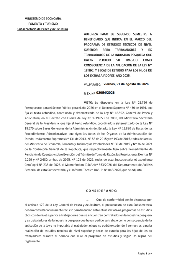 Res. Ex. N° 2054-2026 Autoriza pago segundo semestre a beneficiario que indica, en el marco del programa que señala, Año 2025. (Publicado en Página Web 24-08-2026)