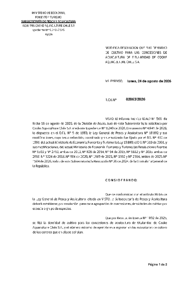 Res. Ex. Nº 2063-2026 Modifica Res. Ex. N° 1892-2025 Fija densidad de cultivo para las concesiones de acuicultura de titularidad de Cooke Aquaculture Chile S.A. Aprueba programa de manejo que indica. (Con Informe Técnico) (Publicado en Página Web 24-08-2026)