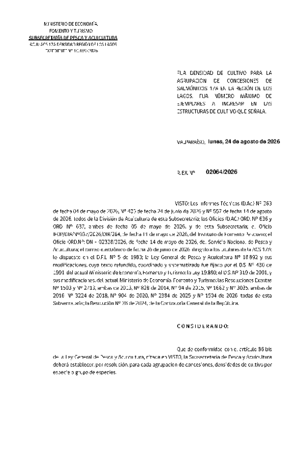 Res. Ex. N° 2064-2026, Fija Densidad de Cultivo para las Agrupación de Concesiones de Salmónidos 17A en la Región de Los Lagos. (Con informe técnico) (Publicado en Página Web 24-08-2026)
