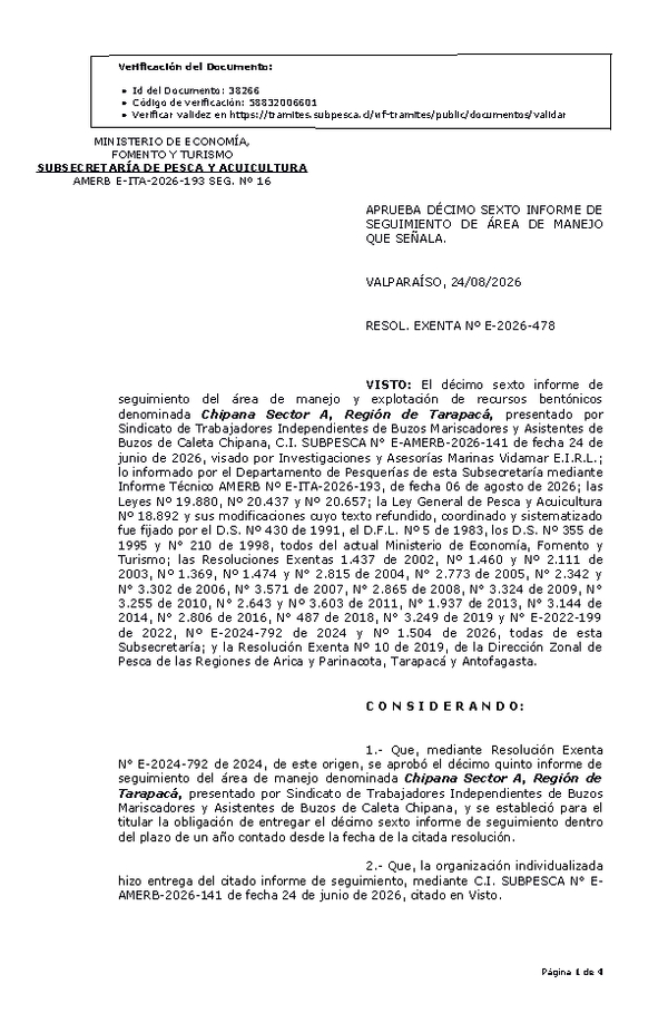 RESOL. EXENTA Nº E-2026-478 Aprueba décimo sexto informe de seguimiento. (Publicado en Página Web 25-08-2026)