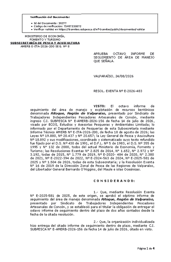 RESOL. EXENTA Nº E-2026-483 Aprueba octavo informe de seguimiento. (Publicado en Página Web 25-08-2026)