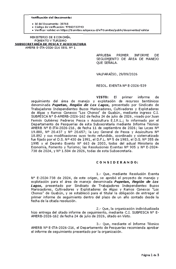 RESOL. EXENTA Nº E-2026-539 Aprueba primer informe de seguimiento. (Publicado en Página Web 30-09-2026)