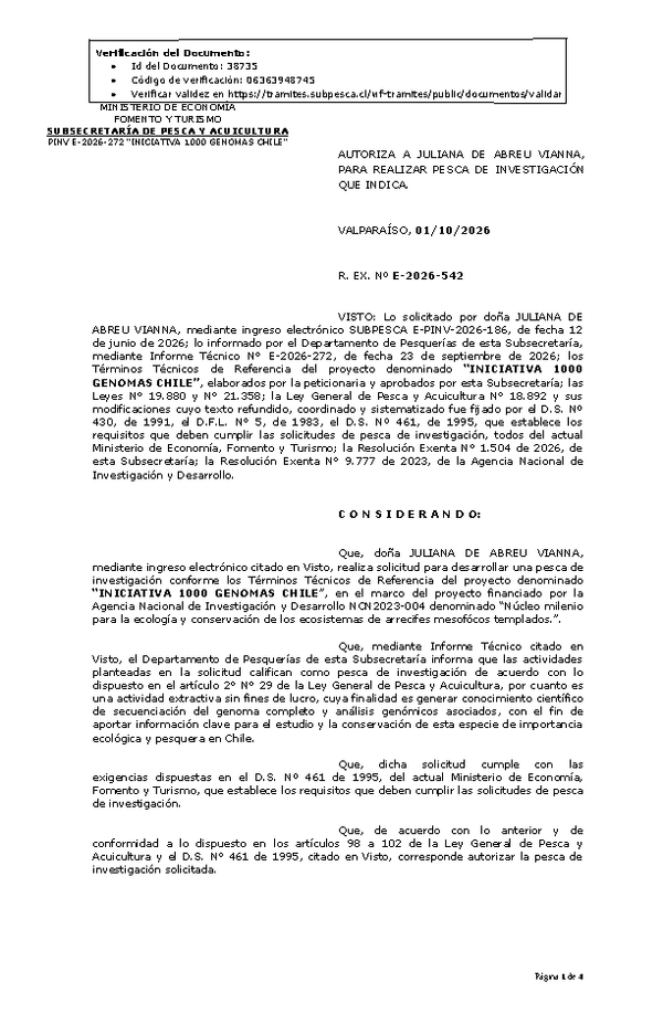 R. EX. Nº E-2026-542 AUTORIZA A JULIANA DE ABREU VIANNA, PARA REALIZAR PESCA DE INVESTIGACIÓN QUE INDICA. (Publicado en Página Web 02-10-2026).