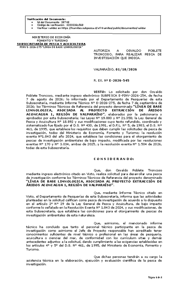 R. EX. Nº E-2026-545 AUTORIZA A OSVALDO POBLETE TRONCOSO, PARA REALIZAR PESCA DE INVESTIGACIÓN QUE INDICA. (Publicado en Página Web 02-10-2026).