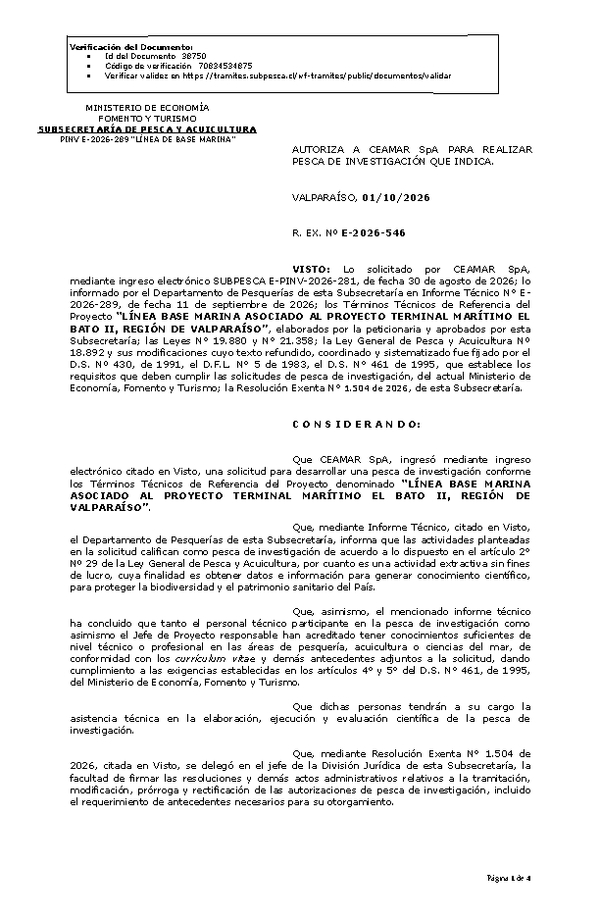 R. EX. Nº E-2026-546 AUTORIZA A CEAMAR SpA PARA REALIZAR PESCA DE INVESTIGACIÓN QUE INDICA. (Publicado en Página Web 02-10-2026).