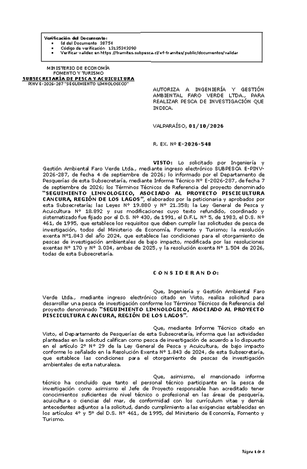 R. EX. Nº E-2026-548 AUTORIZA A INGENIERÍA Y GESTIÓN AMBIENTAL FARO VERDE LTDA., PARA REALIZAR PESCA DE INVESTIGACIÓN QUE INDICA. (Publicado en Página Web 02-10-2026).