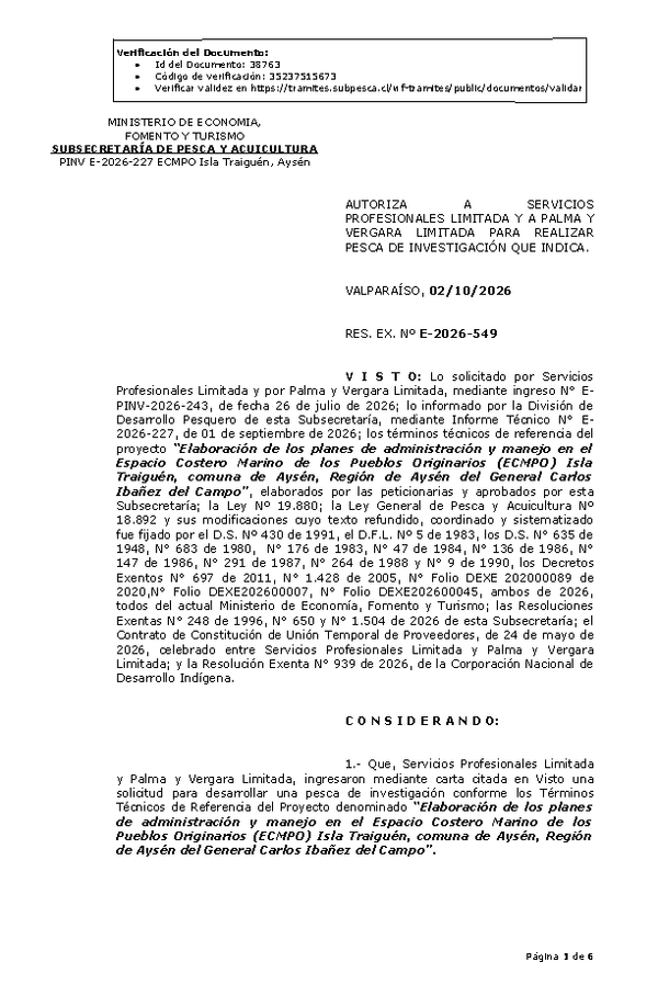 R. EX. Nº E-2026-540 AUTORIZA A FUNDACION PARA EL ESTUDIO DE LA MEGAFAUNA MARINA O FUNDACION CETALAB, PARA REALIZAR PESCA DE INVESTIGACIÓN QUE INDICA. (Publicado en Página Web 30-09-2026)