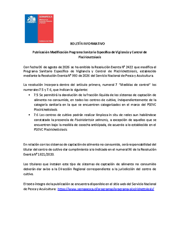 Boletín Informativo Publicación Res. 2422-2026 Modif. PSEVC Piscirickettsiosis. (Publicado en Página Web 05-10-2026)